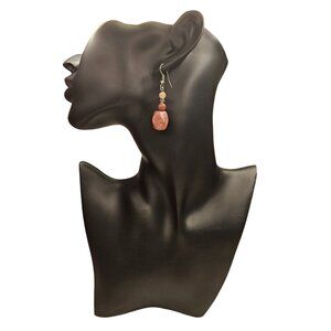 Pink Rhodochrosite Stone Bead Dangle Earrings On Silver Hooks - Unique Artisan J